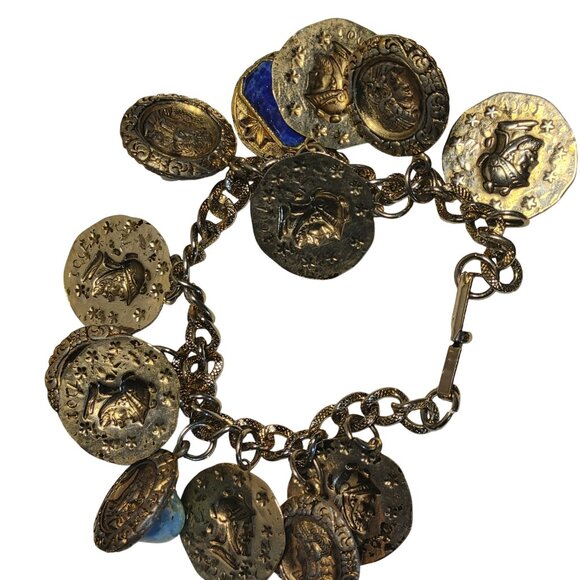 Coin Charm Bracelet Vintage Lapis Lazuli Turquoise Glass Stone Egyptian Etruscan - Picture 9 of 12